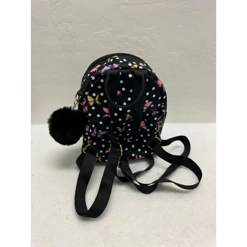 T-Shirt & Jeans Black‎ White Polka Dot Butterfly Print Pom-Pom Womens Backpack